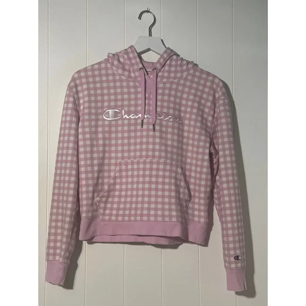 Champion Girls Pink Gingham Check Campus Hoodie Embroidered Logo Sweatshirt S